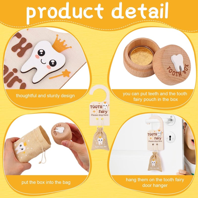PartyYeah 1 Set/4Pcs Wooden Tooth Fairy Box Tooth Fairy Door Hanger Tooth Fairy Box with Storage Pouch Gold Foil Reward Coin Wooden Doorplate Toot-h Fairy Coin - Image 3